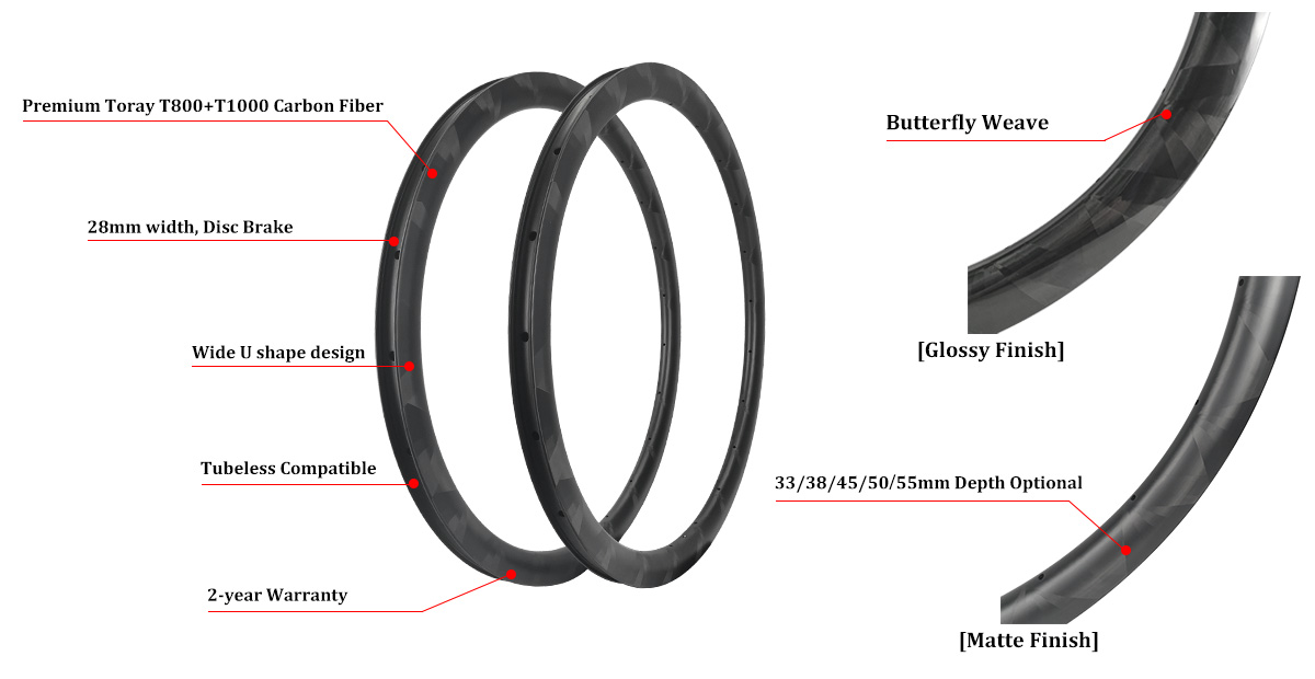 Butterfly Weave Road Disc Brake 28mm Width Carbon Clincher Rims